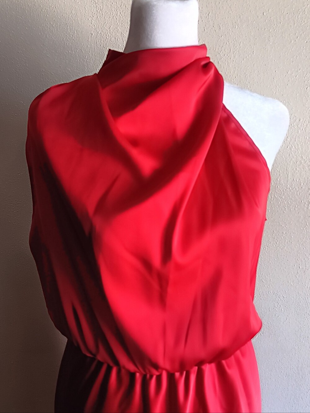 BTFBM Silky Sexy Red Halter Maxi Dress Size Small, Eladtic Waist, Cold Shoulder - Picture 4 of 8
